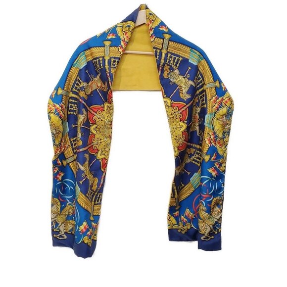 Auth HERMES - Yellow Navy Multi Angora Silk Scarf - Picture 1 of 5